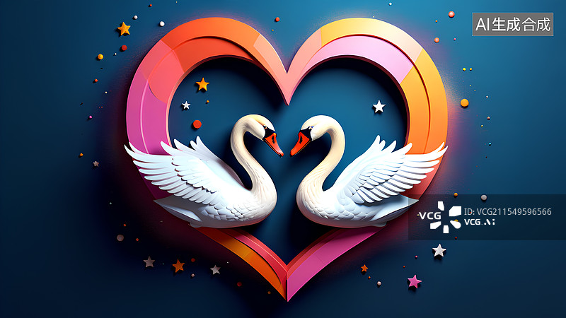 【AI数字艺术】黑色背景下的白天鹅和心型图片素材