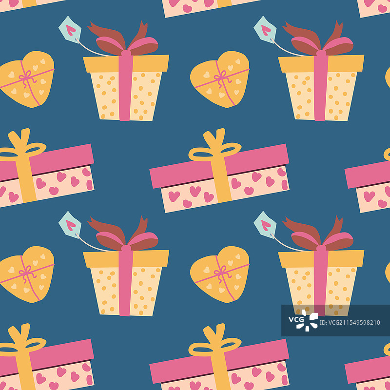 五彩缤纷的礼品盒和心形图案无缝拼接图片素材