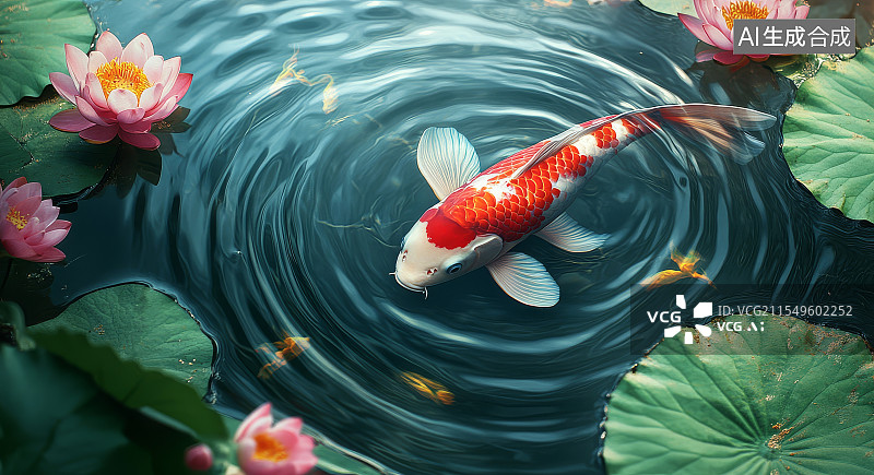 【AI数字艺术】池塘中游动的锦鲤与睡莲图片素材