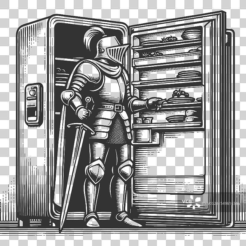 穿着盔甲的骑士打开冰箱图片素材