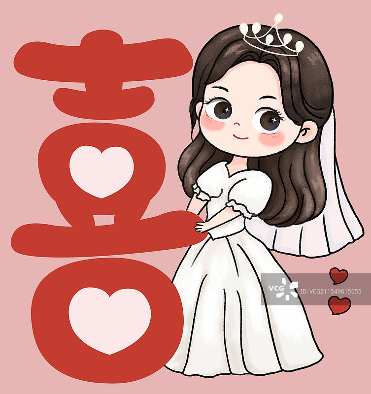 婚礼喜糖请柬手绘插画：Q版可爱风手拿红色喜字的新娘图片素材