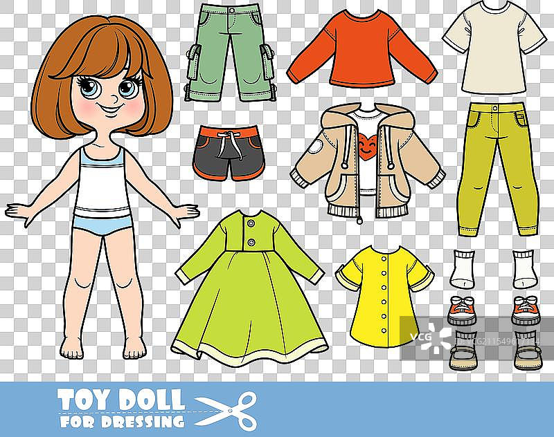 短发棕发女孩的卡通形象，穿着时尚的衣服图片素材