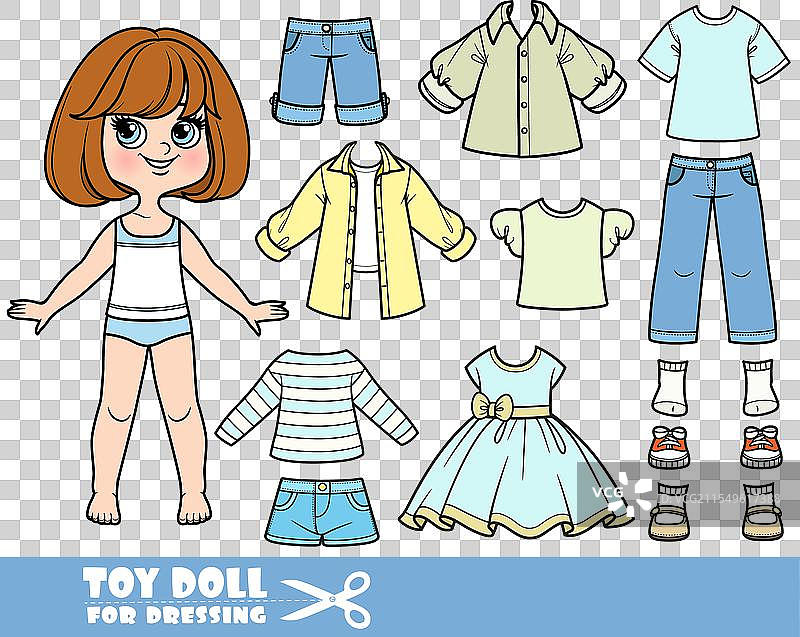 短发棕发女孩的卡通形象，穿着时尚的衣服图片素材