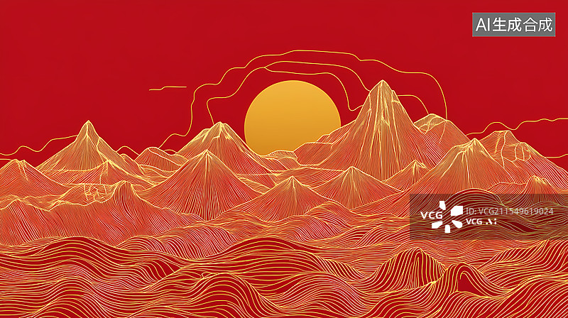 【AI数字艺术】红色山脉的金色日出图片素材