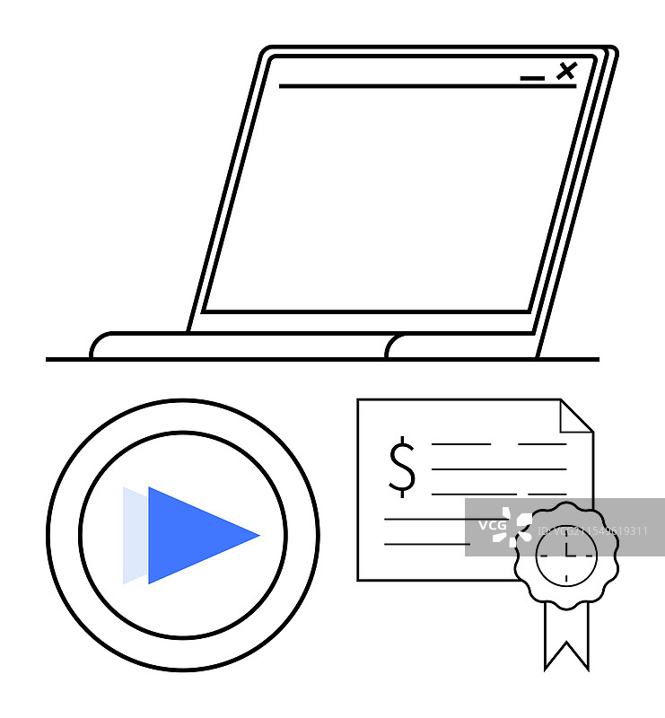 带有证书和播放按钮的笔记本电脑图片素材