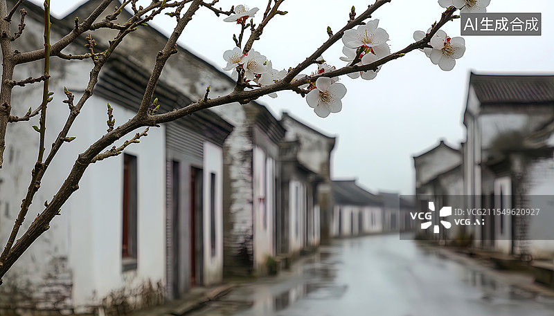 【AI数字艺术】杏花盛开的老街图片素材