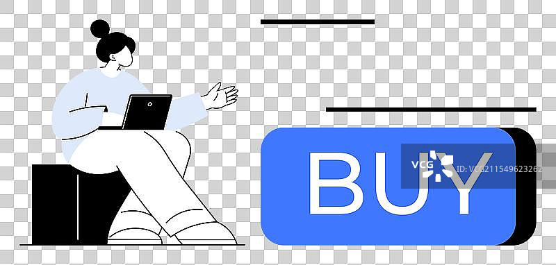 坐在大购买按钮旁的女性与笔记本电脑图片素材