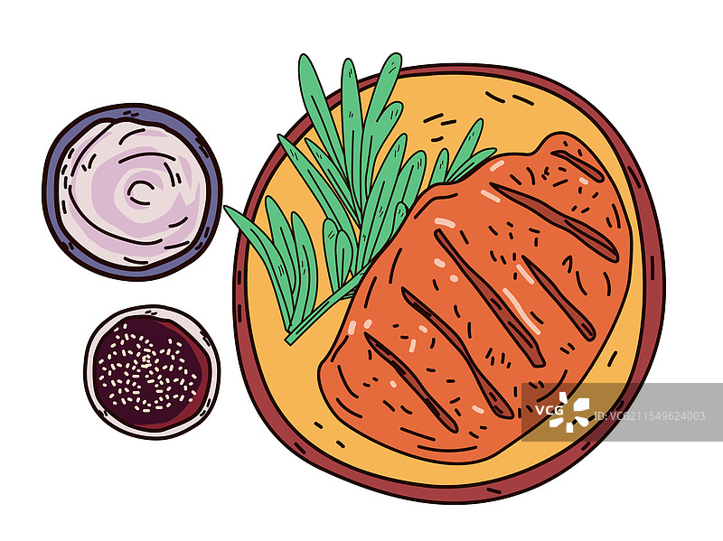 盘子上的烤牛排配香草和酱汁图片素材