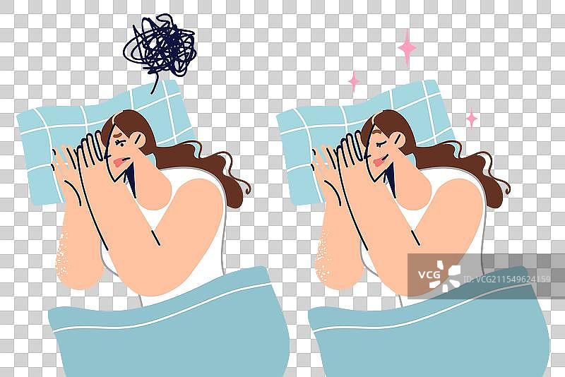 女人在床上失眠，最终入睡。图片素材