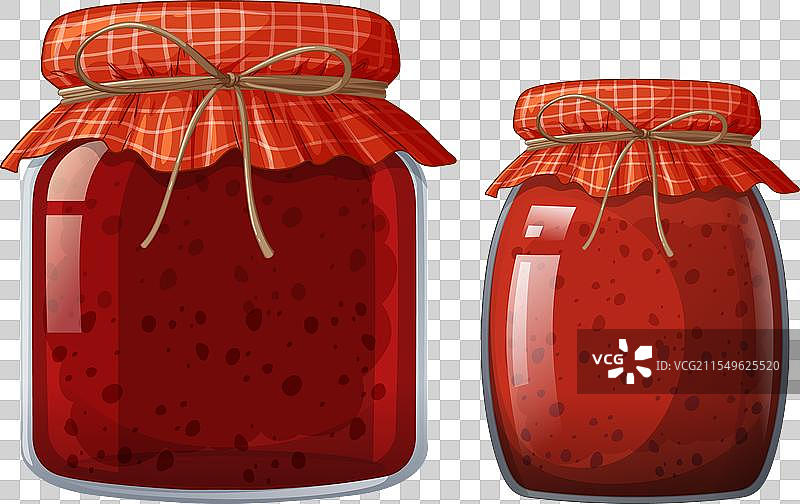 两个带有格子盖的红莓果酱罐图片素材