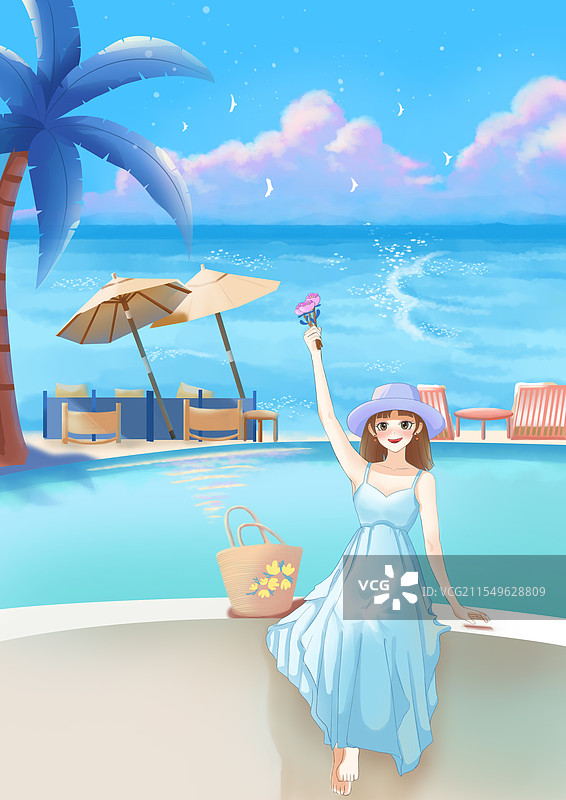 大海沙滩泳池度假风插画图片素材