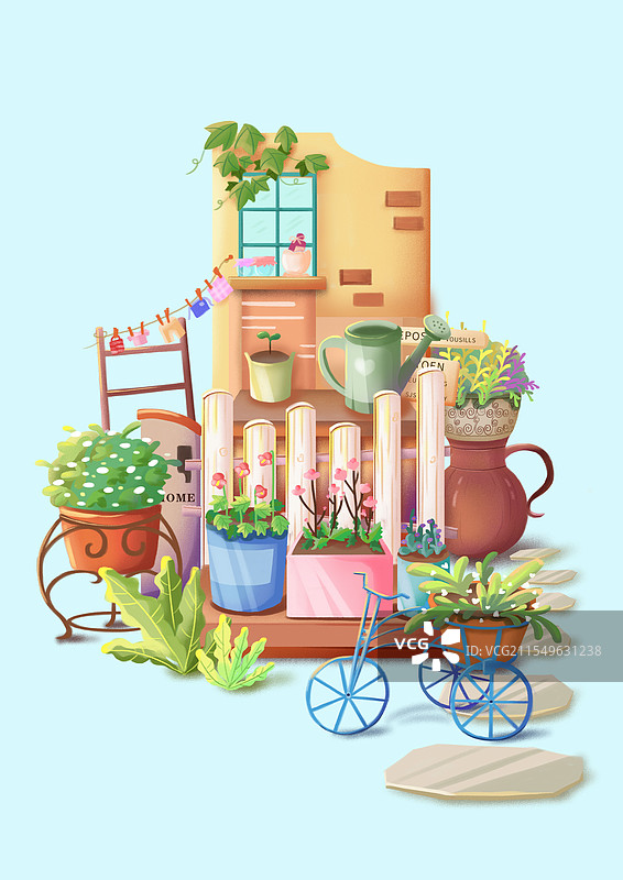 治愈系花园小场景肌理插画图片素材