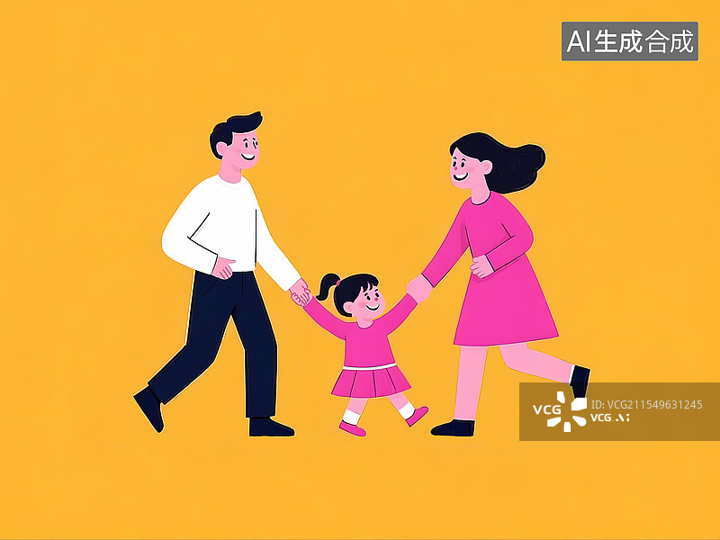 【AI数字艺术】一家三口走路站立矢量扁平插画图片素材
