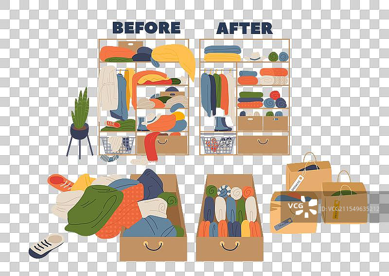 杂乱与整齐的衣柜抽屉衣物整理器图片素材