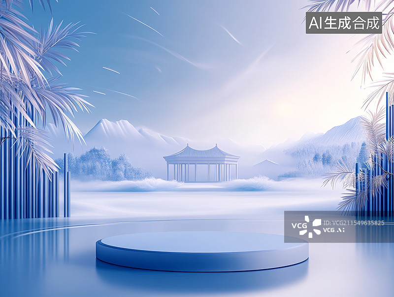 【AI数字艺术】国风淡雅古建筑电子商务产品展台，中秋节满月云雾萦绕图片素材