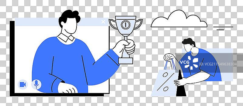 远程工作成功的虚拟会议与奖杯图片素材