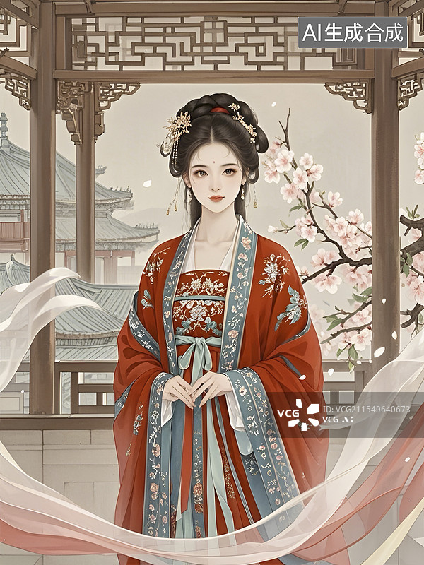 【AI数字艺术】站在古建筑旁的工笔画古风美女图片素材