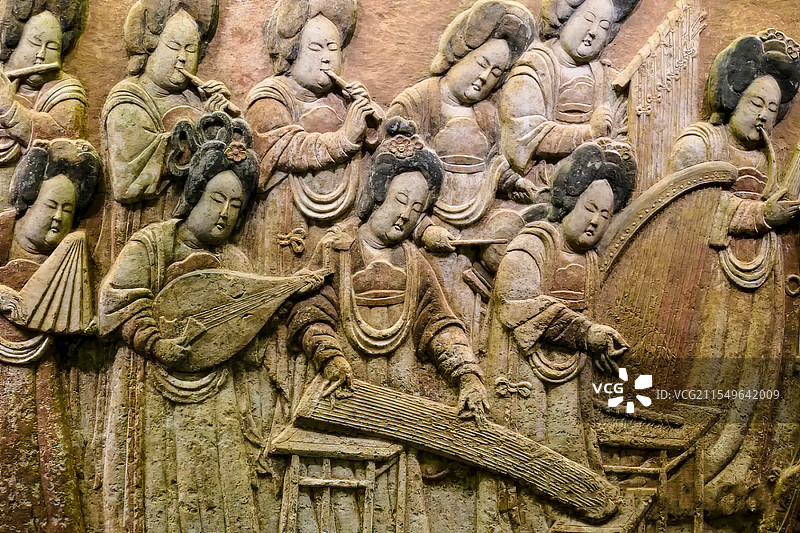 传统文化，五代时期壁画，彩绘散乐浮雕图片素材