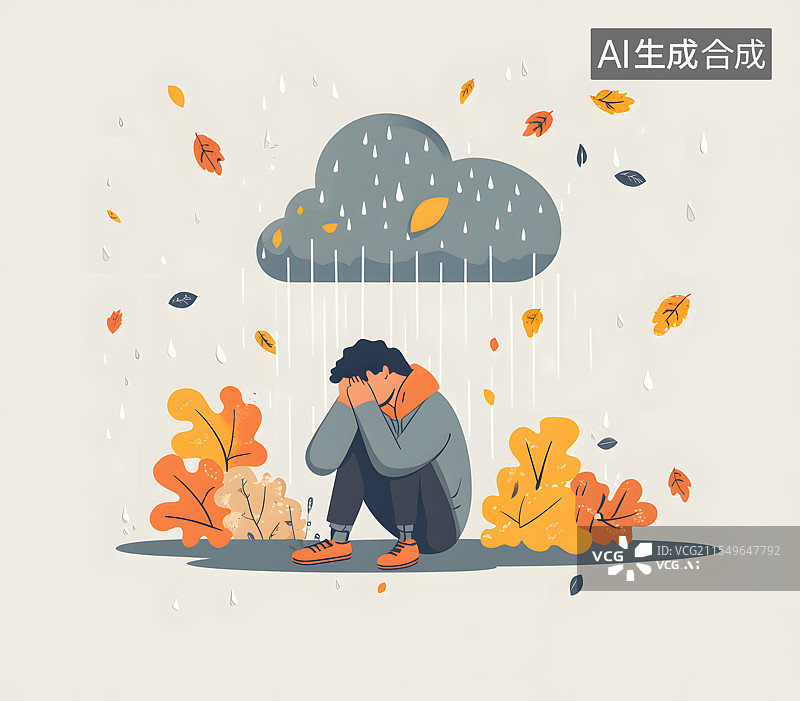 【AI数字艺术】一个人坐在一朵正在下雨的云下方，很伤心的样子，坏心情烦恼心理咨询心理学概念插画图片素材