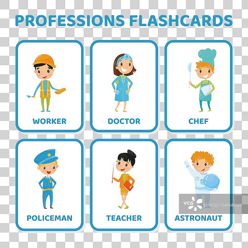 不同职业的闪卡，男孩和女孩图片素材