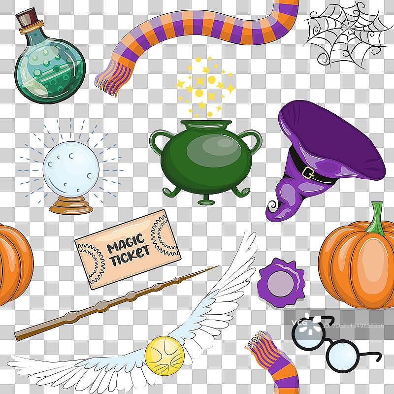 卡通风格的魔法物品无缝图案，色彩鲜艳图片素材