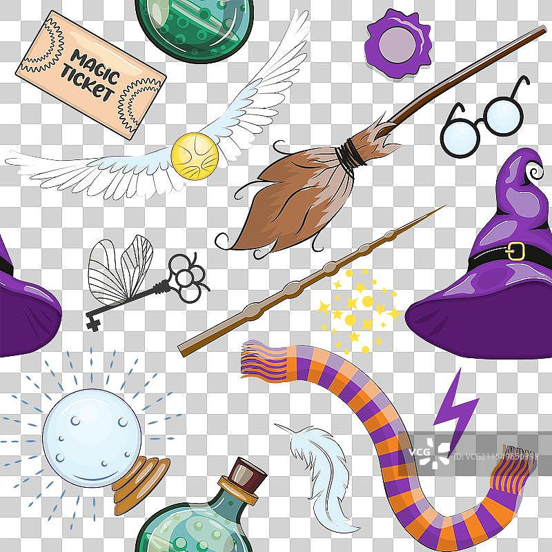 卡通风格的魔法物品无缝图案，色彩鲜艳图片素材