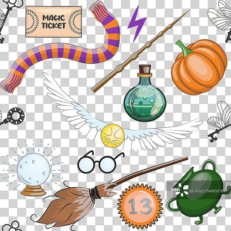 卡通风格的魔法物品无缝图案，色彩鲜艳图片素材