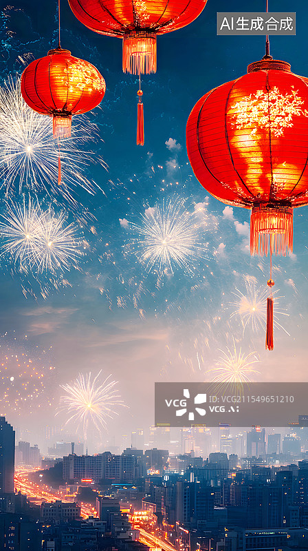 【AI数字艺术】AIGC：城市风光夜景烟花，节日庆祝背景插图图片素材