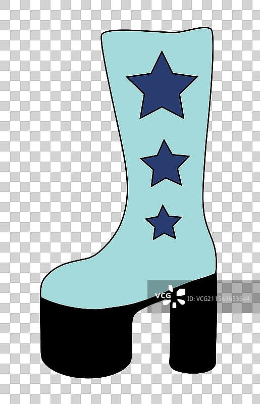 时尚的1980年代复古迪斯科蓝色靴子，带有星星图案图片素材