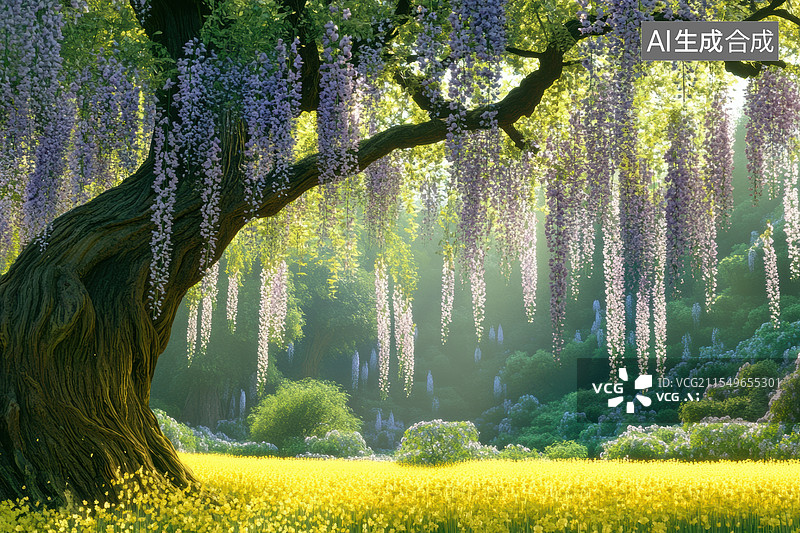 【AI数字艺术】春日紫藤花黄绿色背景图片素材