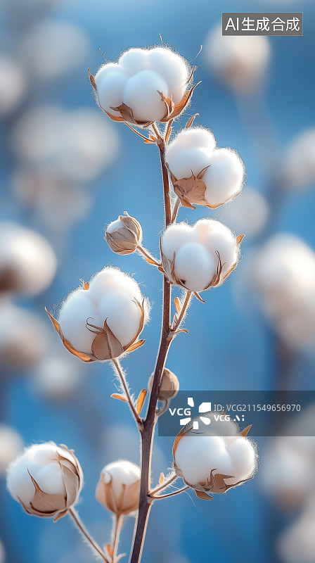 【AI数字艺术】蓝天下棉花植物的特写镜头图片素材