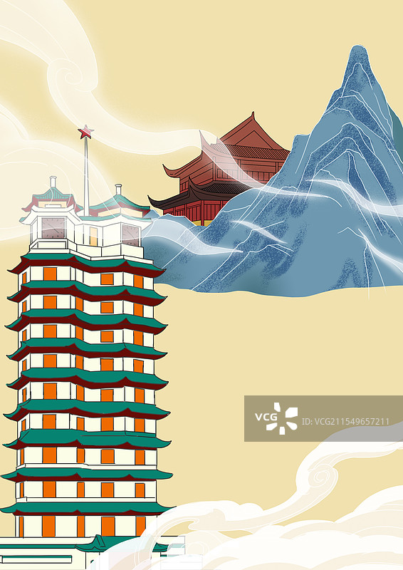 中国风新中式古风古典传统文化河南开封郑州地标建筑旅游旅行开封地理环境风景祥云资讯插画图片素材