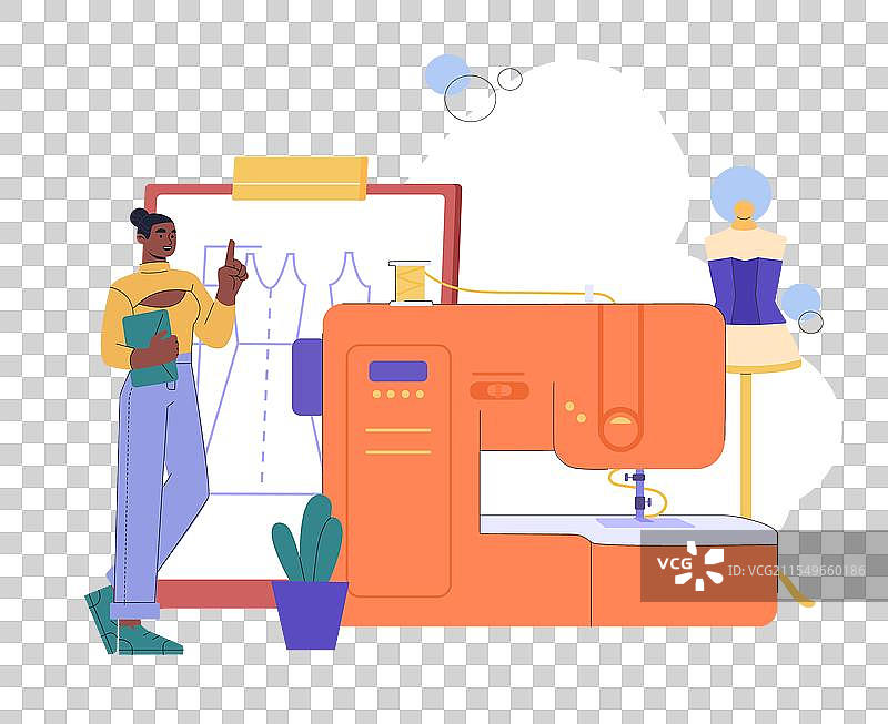 年轻女孩与缝纫的女装设计师图片素材