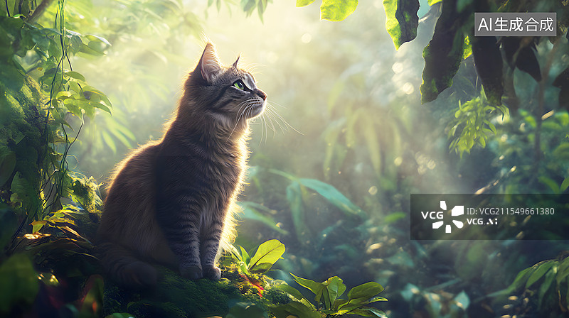 【AI数字艺术】AIGC：春天森林中的猫，动物主题，治愈系背景壁纸图片素材