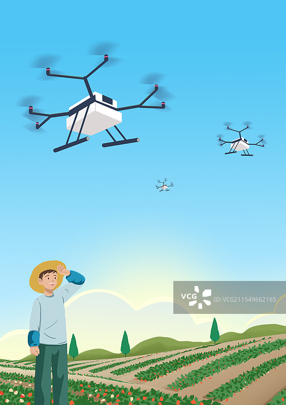 乡村振兴家园家乡老家农村农业农田农民乡村乡下种植园劳动庄稼水果蔬菜现代化无人机撒农药科技生活插画图片素材