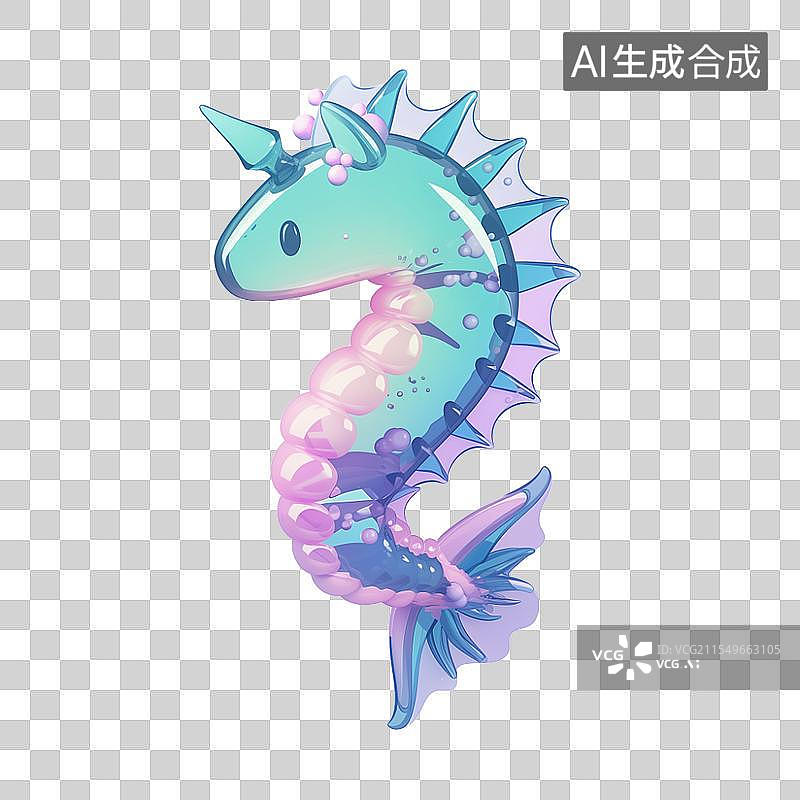 【AI数字艺术】淡蓝色调的卡通海马插画，身体圆润，背鳍似扇，环绕着气泡，造型灵动可爱图片素材