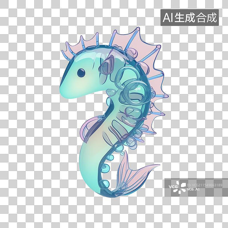 【AI数字艺术】淡蓝色调的卡通海马插画，身体圆润，背鳍似扇，环绕着气泡，造型灵动可爱图片素材