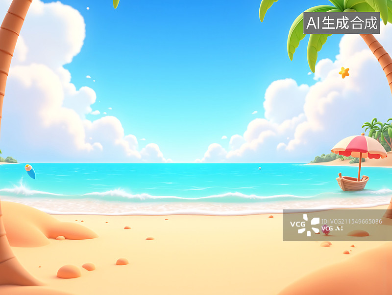 【AI数字艺术】夏天海滩云朵梦幻海岸风景图片素材
