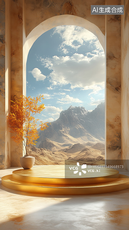 【AI数字艺术】大自然现代建筑展台场景图片素材