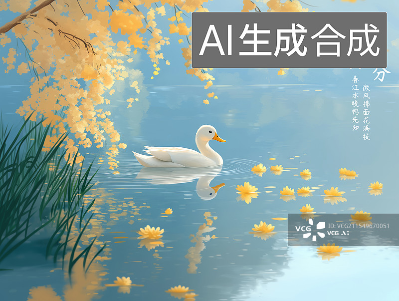 【AI数字艺术】春天里一只白色鸭子在江水中游水的插画图片素材
