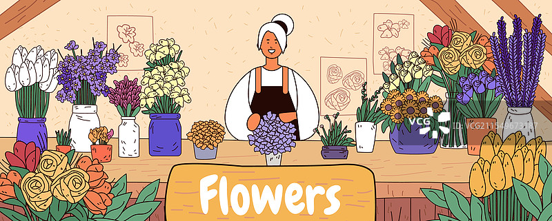 花店里五彩缤纷的花卉排列，微笑的店员图片素材