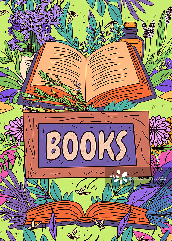 一本打开的书被花朵和植物环绕图片素材