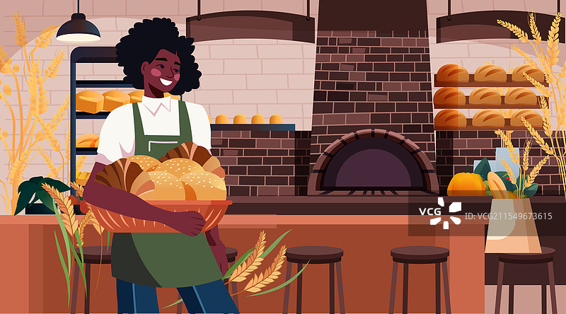 微笑的面包师傅手持面包，温馨的烘焙场景图片素材