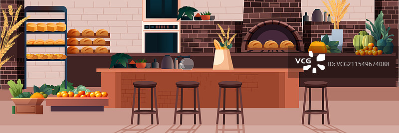 面包店内部场景，配有面包烤箱和吧台椅图片素材