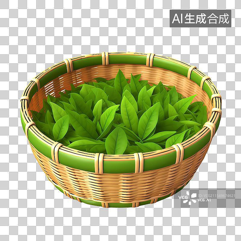 【AI数字艺术】3D渲染，竹篮里的茶叶，绿茶，春茶，采茶，茶道，茶文化免抠元素图片素材