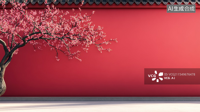 【AI数字艺术】中国传统宫殿建筑红墙与梅花树图片素材