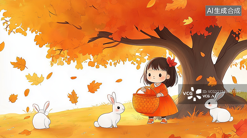 【AI数字艺术】秋日女孩与小白兔图片素材