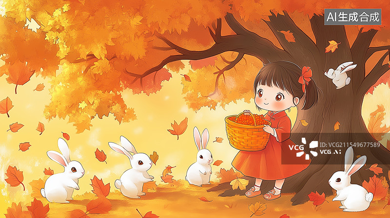 【AI数字艺术】秋日女孩与小白兔图片素材