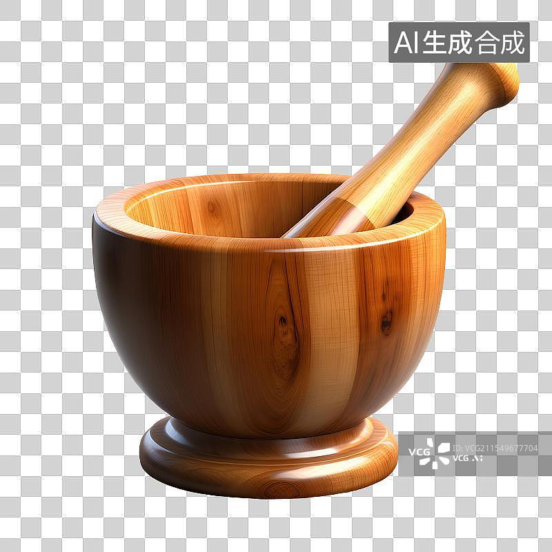【AI数字艺术】3D渲染，研钵，木制研磨器，捣药罐，臼和杵。中医中药免抠元素图片素材
