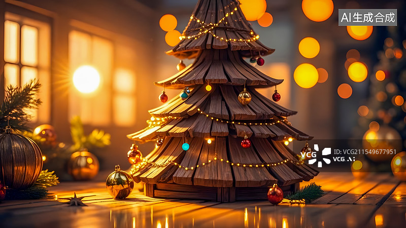 【AI数字艺术】木质圣诞树光影效果摄影作品图片素材
